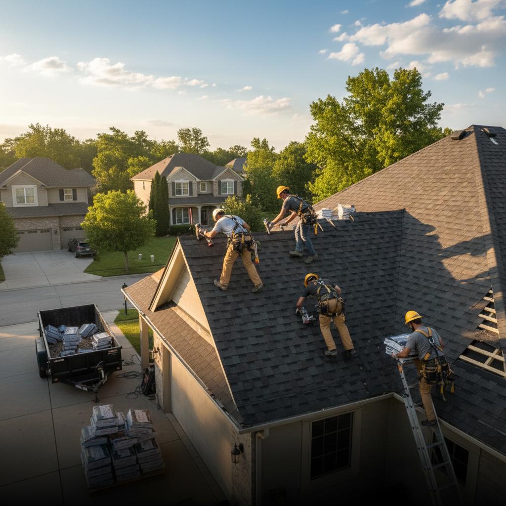 AAA Roofing crew installing shingles on a Fox Valley home