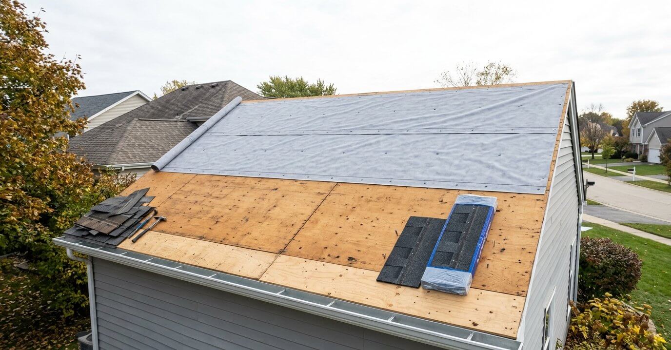 Roof tear-off exposing plywood decking with new underlayment and drip edge along the eave
