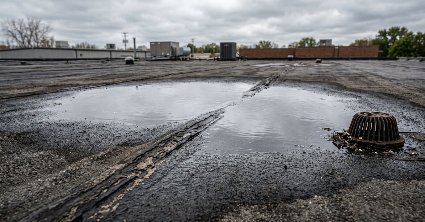 Ponding water standing on an aged low-slope commercial roof membrane beside a lap seam