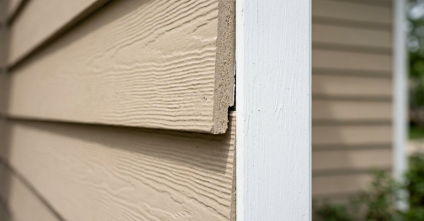 Close-up of fiber cement lap siding boards meeting white trim, showing the cut board end