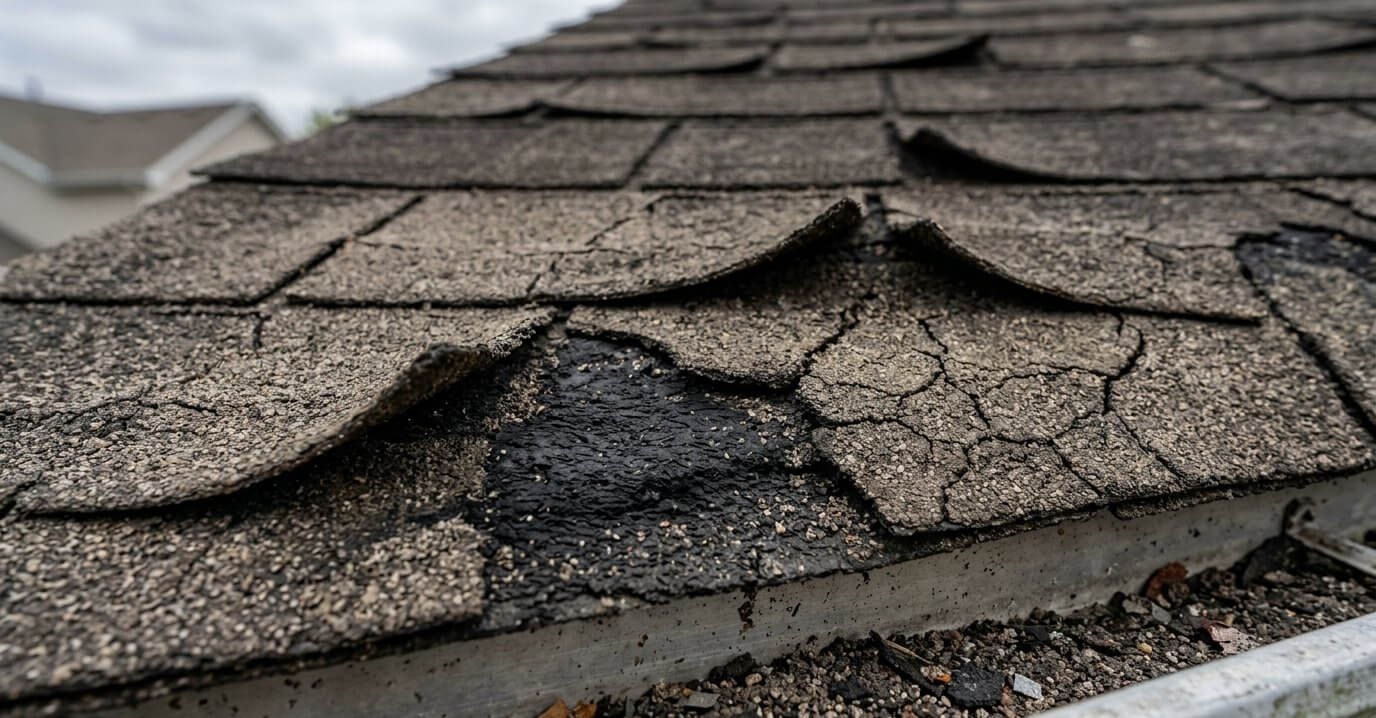 Aging asphalt shingles with curling edges and granule loss on an Illinois roof