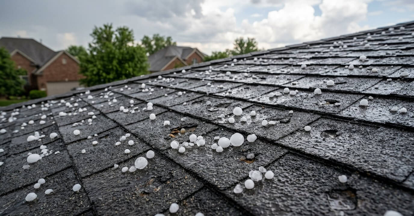 Hailstones and impact bruises on asphalt shingles after an Illinois storm