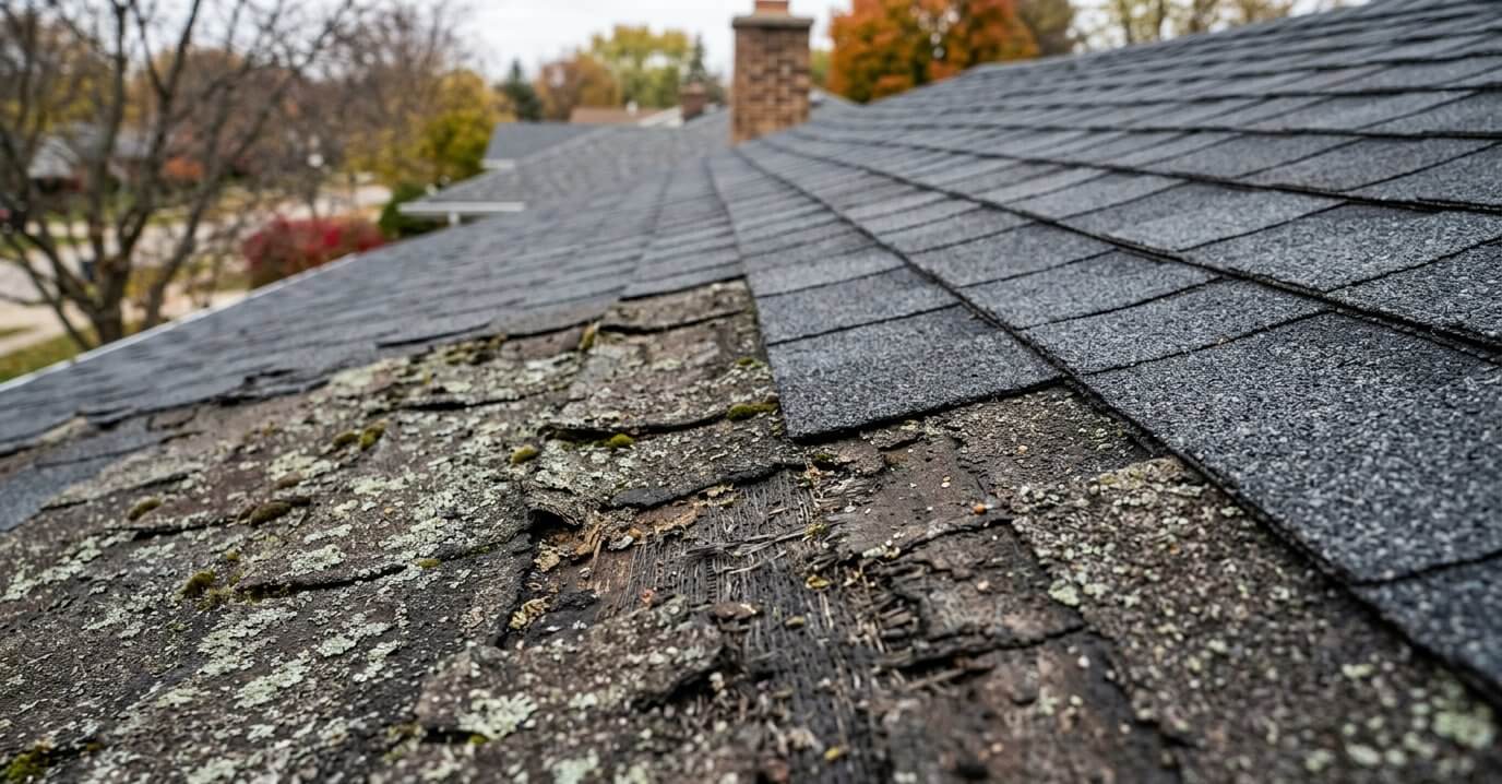 Weathered asphalt shingles showing granule loss next to newer shingles on an Illinois roof