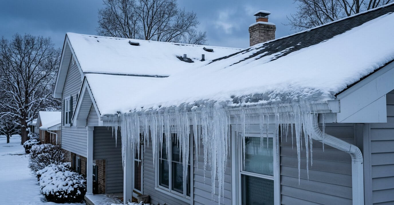 Ice dam and icicles at the eave of a suburban Illinois roof in winter