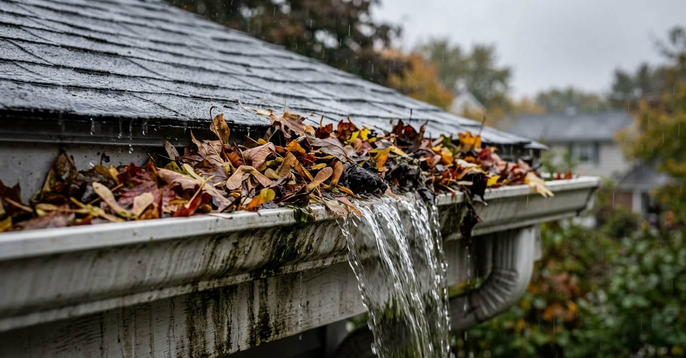Clogged gutter overflowing with rainwater and wet leaves on a residential roof edge