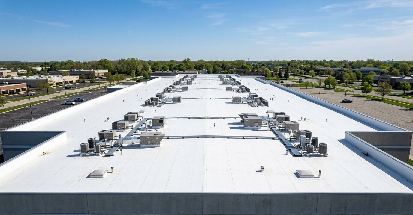 A large flat commercial rooftop with multiple rows of rooftop mechanical units and roof drains.