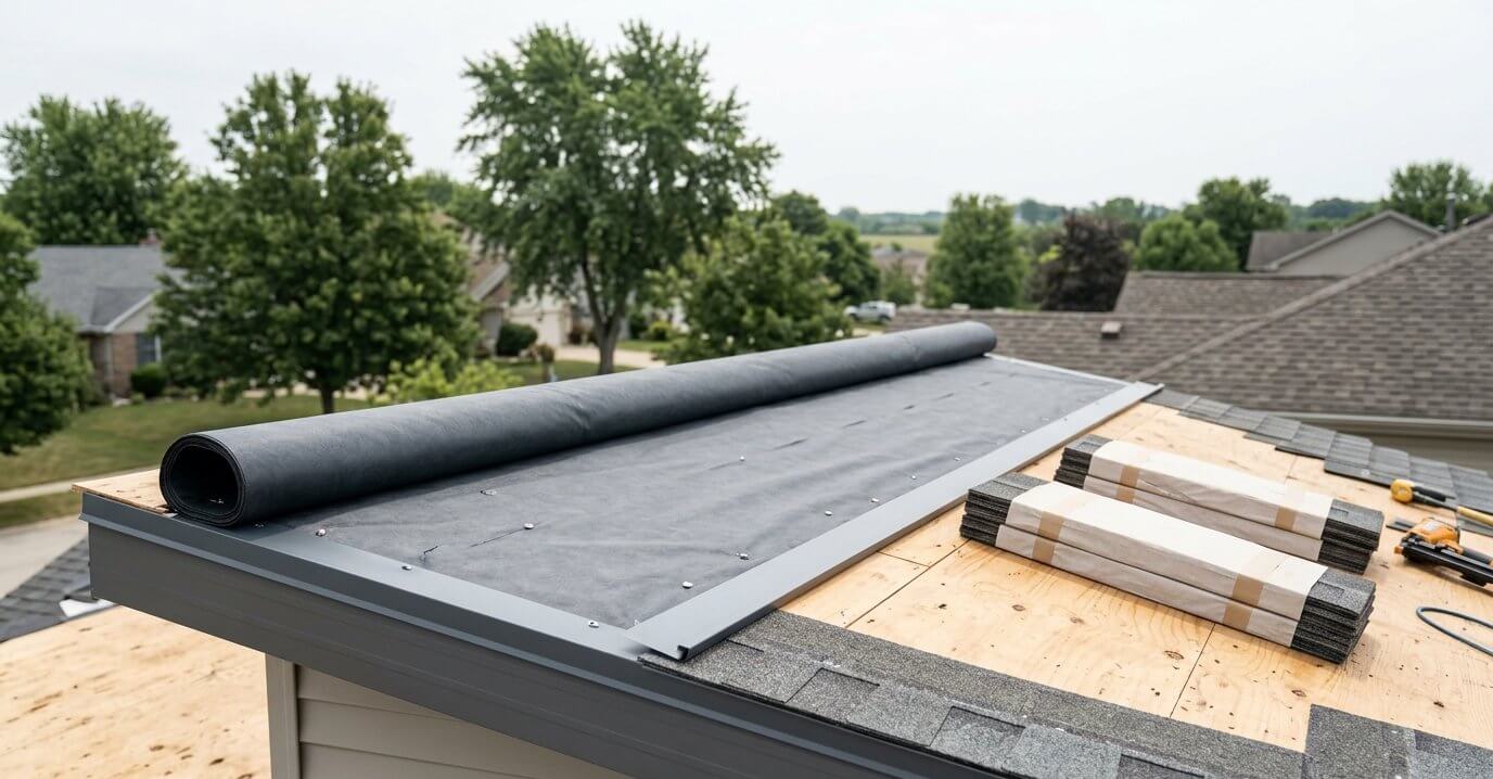A roll of synthetic underlayment being laid over new roof decking near the eave edge.