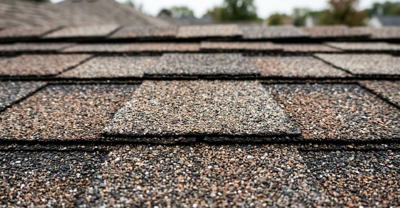 Close-up of architectural asphalt shingles showing the granule texture and multi-tone color blend.